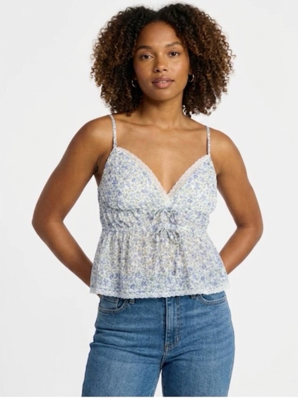No Boundaries Floral Lace-Trim Spaghetti Strap Tank Top - Blue